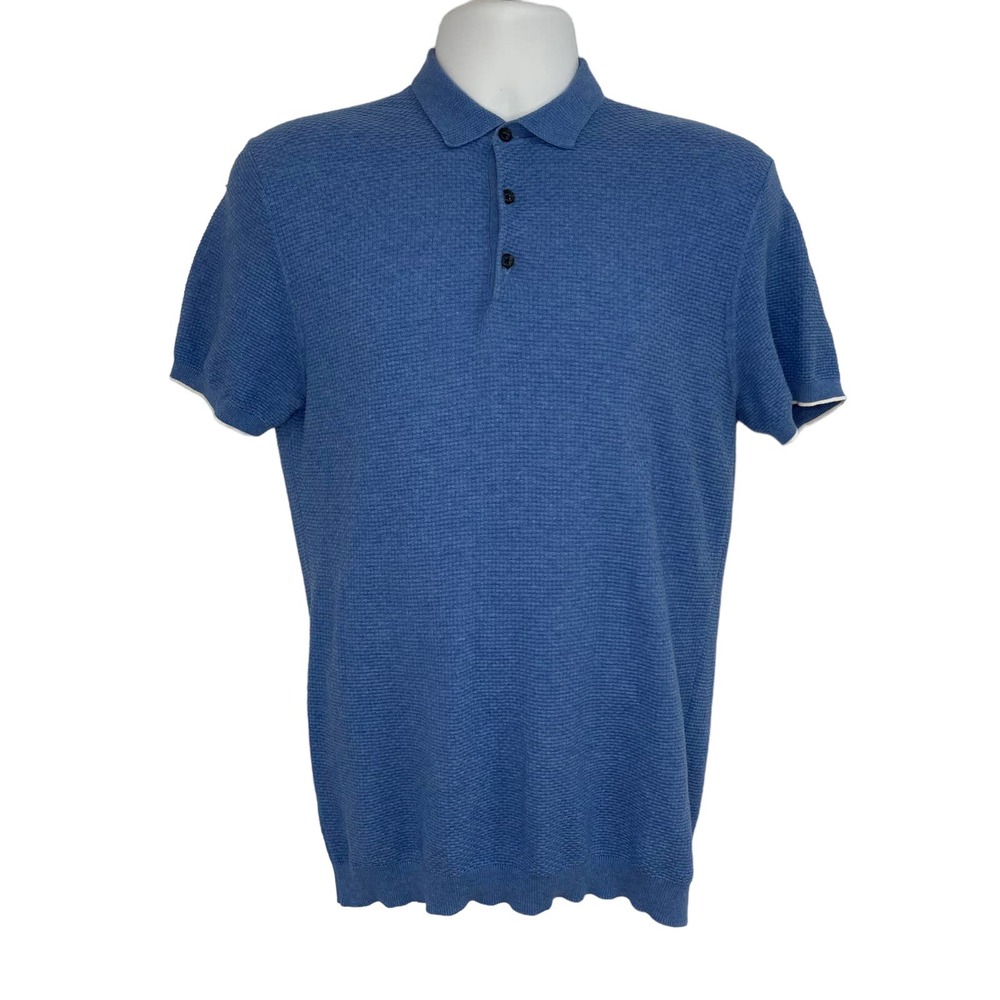Massimo Dutti Men's Polo Medium Waffle Knit Short Sleeve Cotton Blue